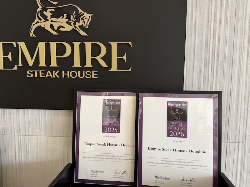 Wine Spectator Best of Award of Excellence 2025 and 2026 presented to Empire Steak House Honolulu